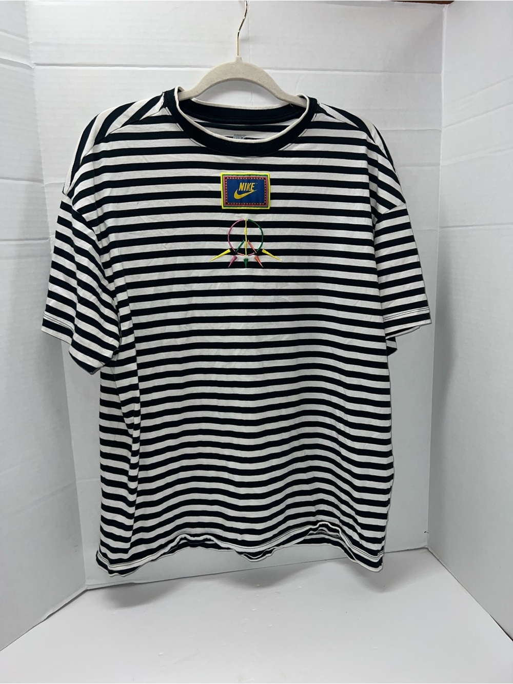 Nike Peace Pack Black and White Striped Tee with Multicolor Peace Patch